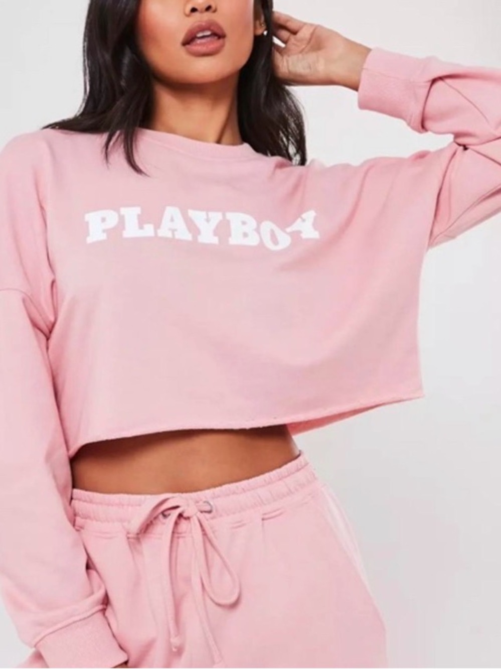 Missguided + Pink Cropped Crewneck Sweatshirt with White Logo